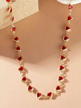Gold Heart Link Necklace with Red Enamel Hearts